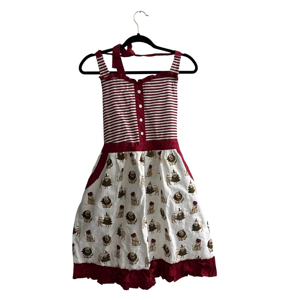 Santa's Workshop Christmas Apron Holiday Dog Print Striped Ruffle Red White